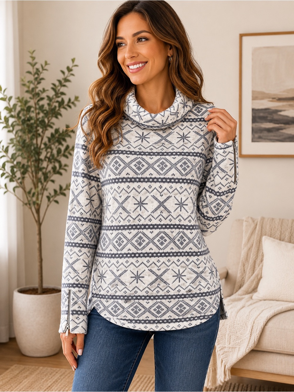 Wooly Bully Wear Turtleneck Sweater Medium White Gray Zipper Sleeve Side Slits